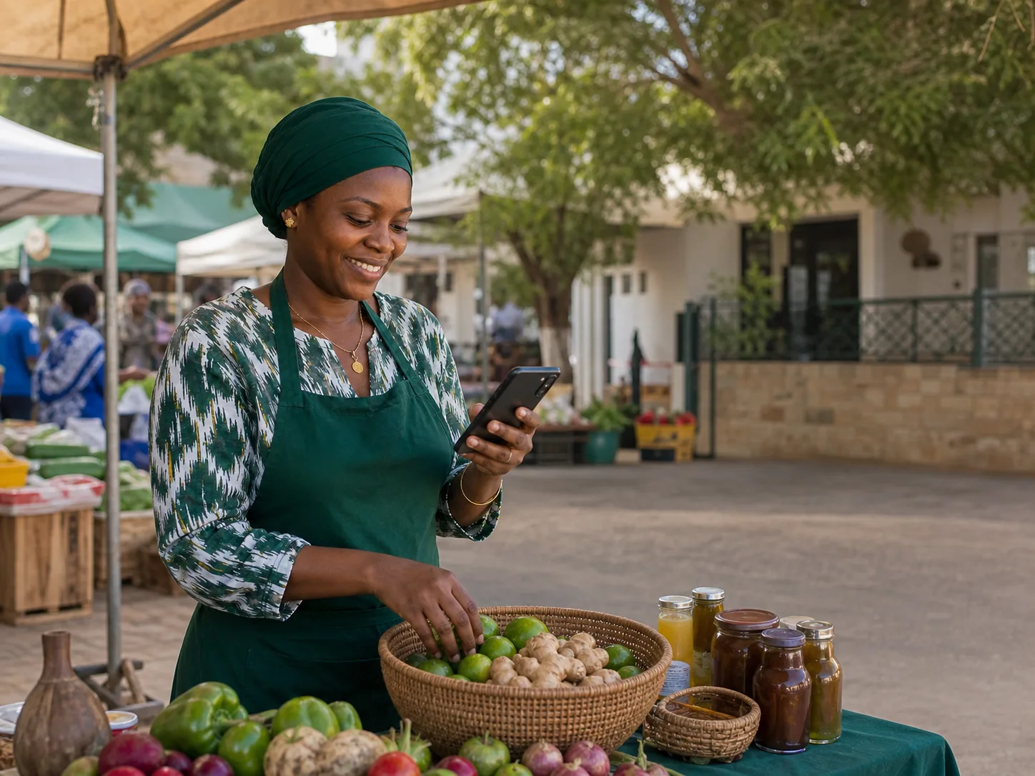 Une vendeuse prépare son stand tout en consultant son téléphone sur un marché.